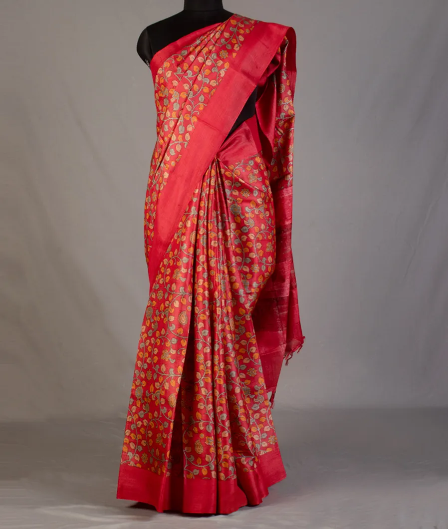 Red Tussar Printed Saree T4503082
