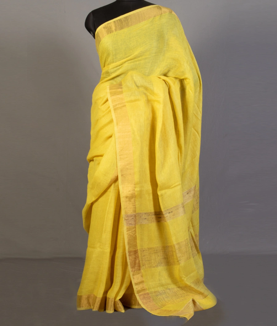 Yellow Handwoven Linen Saree T467434-image