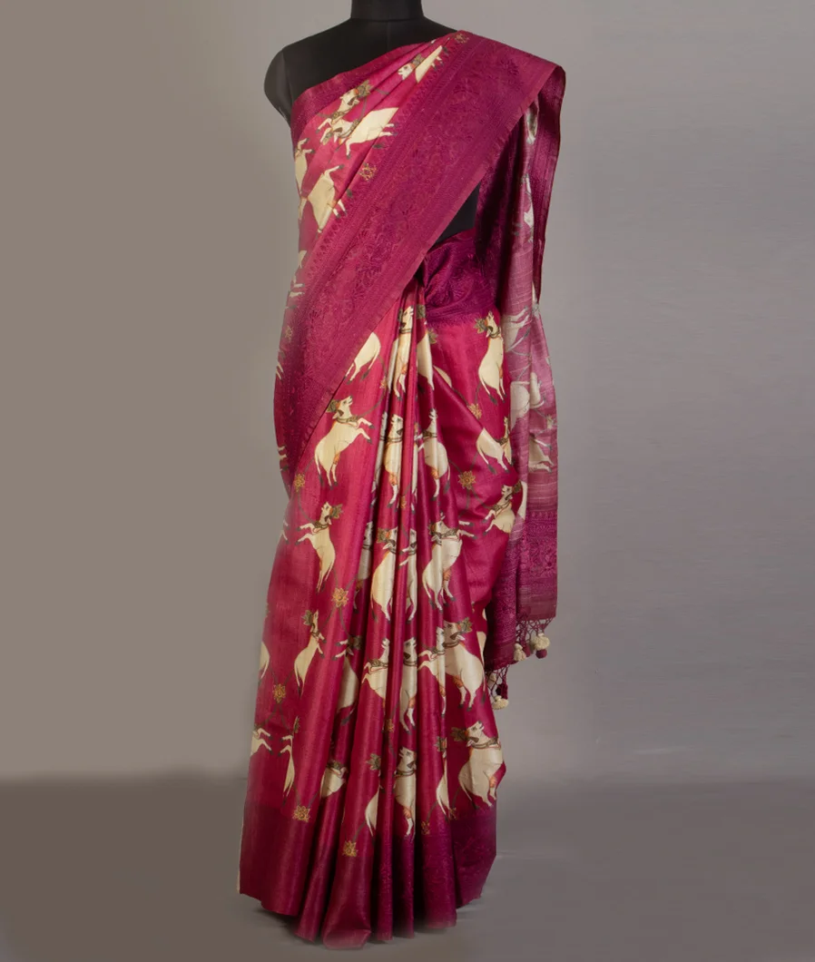 Reddish Pink Tussar Printed Saree T3806932