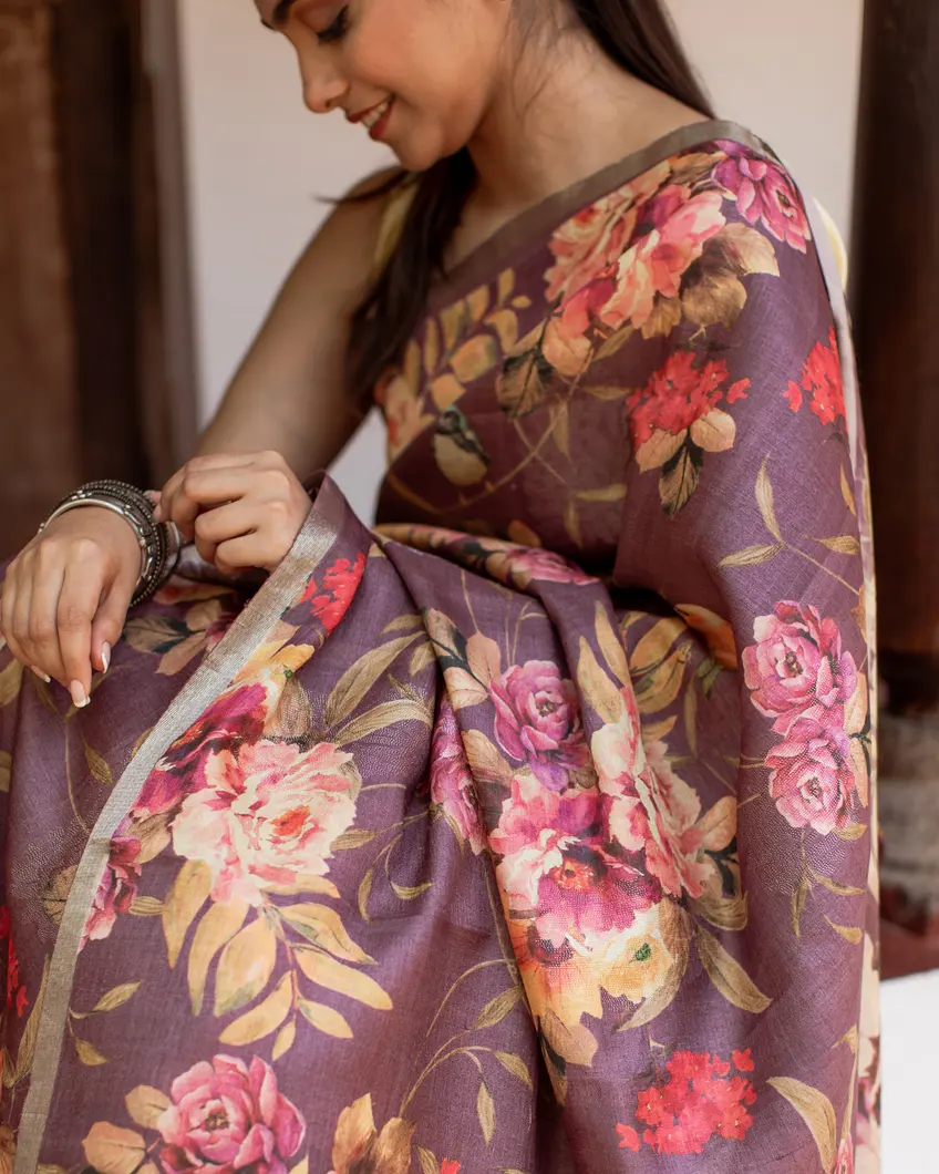 Dark Mauve Tussar Printed Saree T4459292