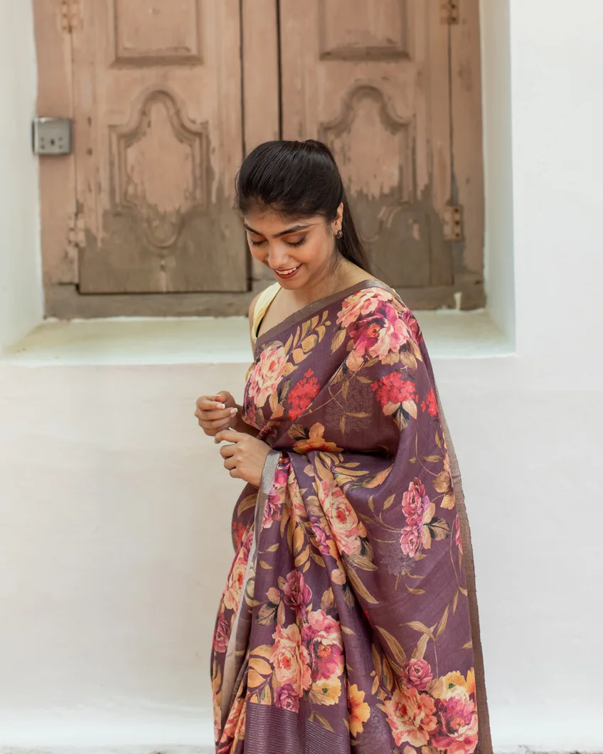 Dark Mauve Tussar Printed Saree T4459294