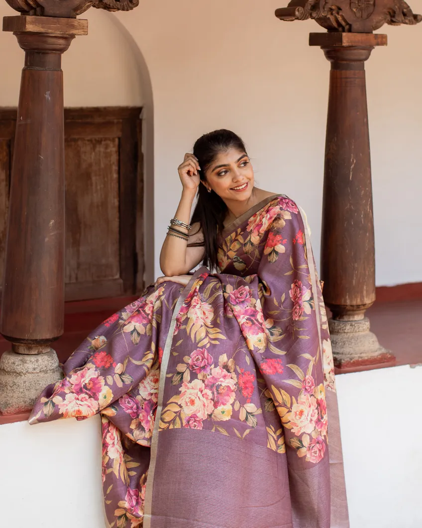 Dark Mauve Tussar Printed Saree T4459295