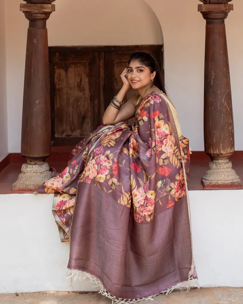 Dark Mauve Tussar Printed Saree T4459296