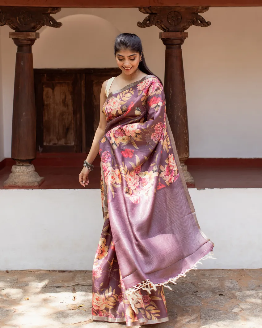 Dark Mauve Tussar Printed Saree T4459297