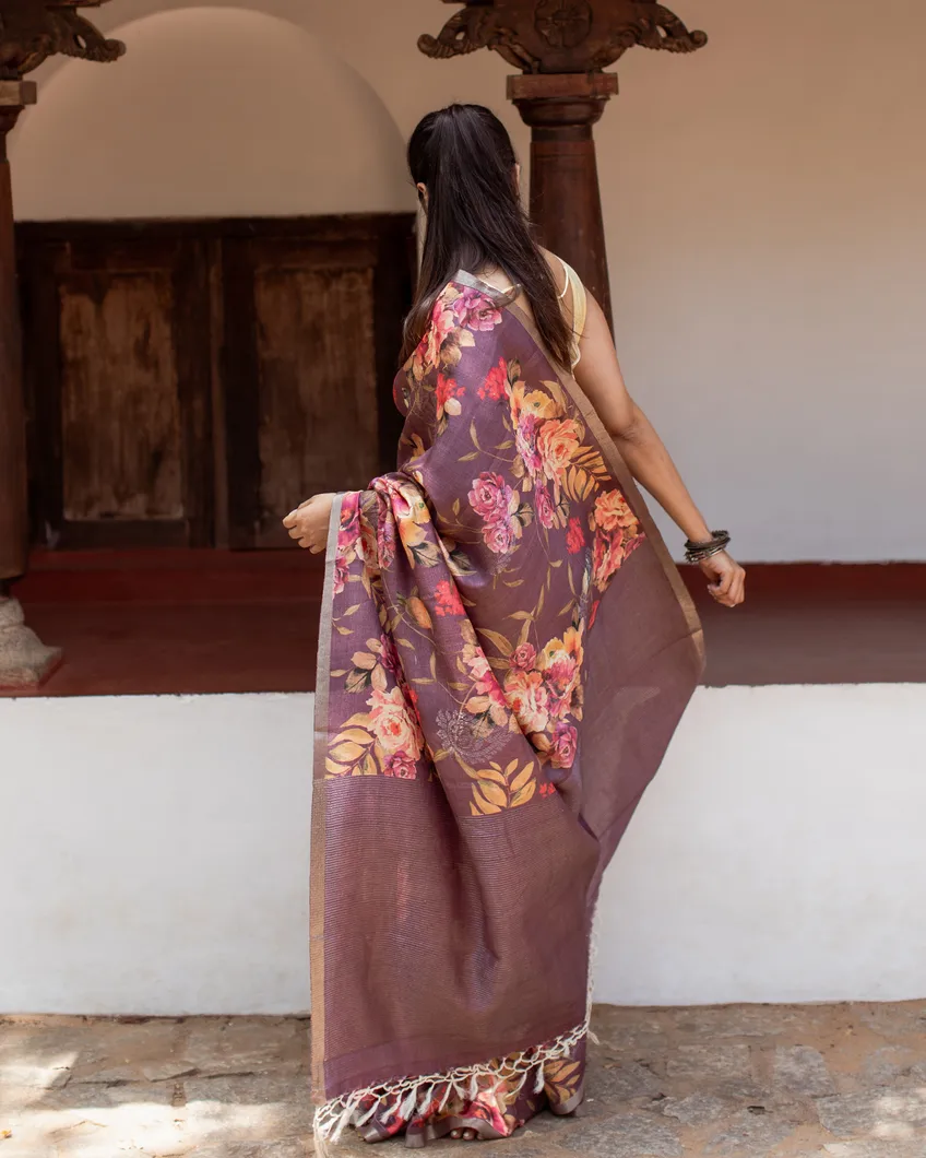 Dark Mauve Tussar Printed Saree T4459299