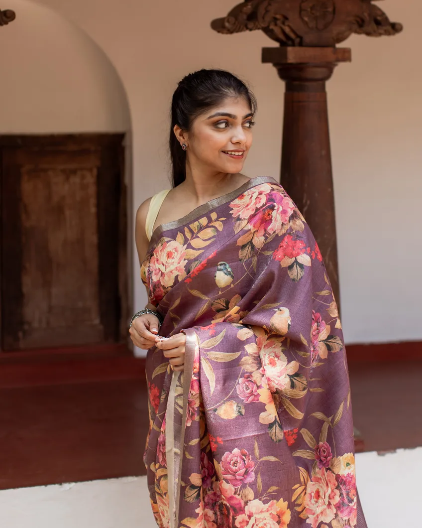 Dark Mauve Tussar Printed Saree T44592910