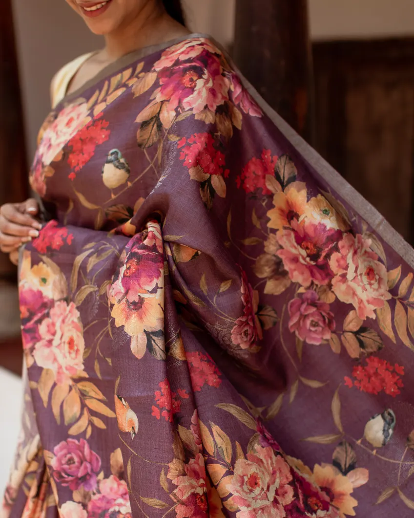Dark Mauve Tussar Printed Saree T44592911