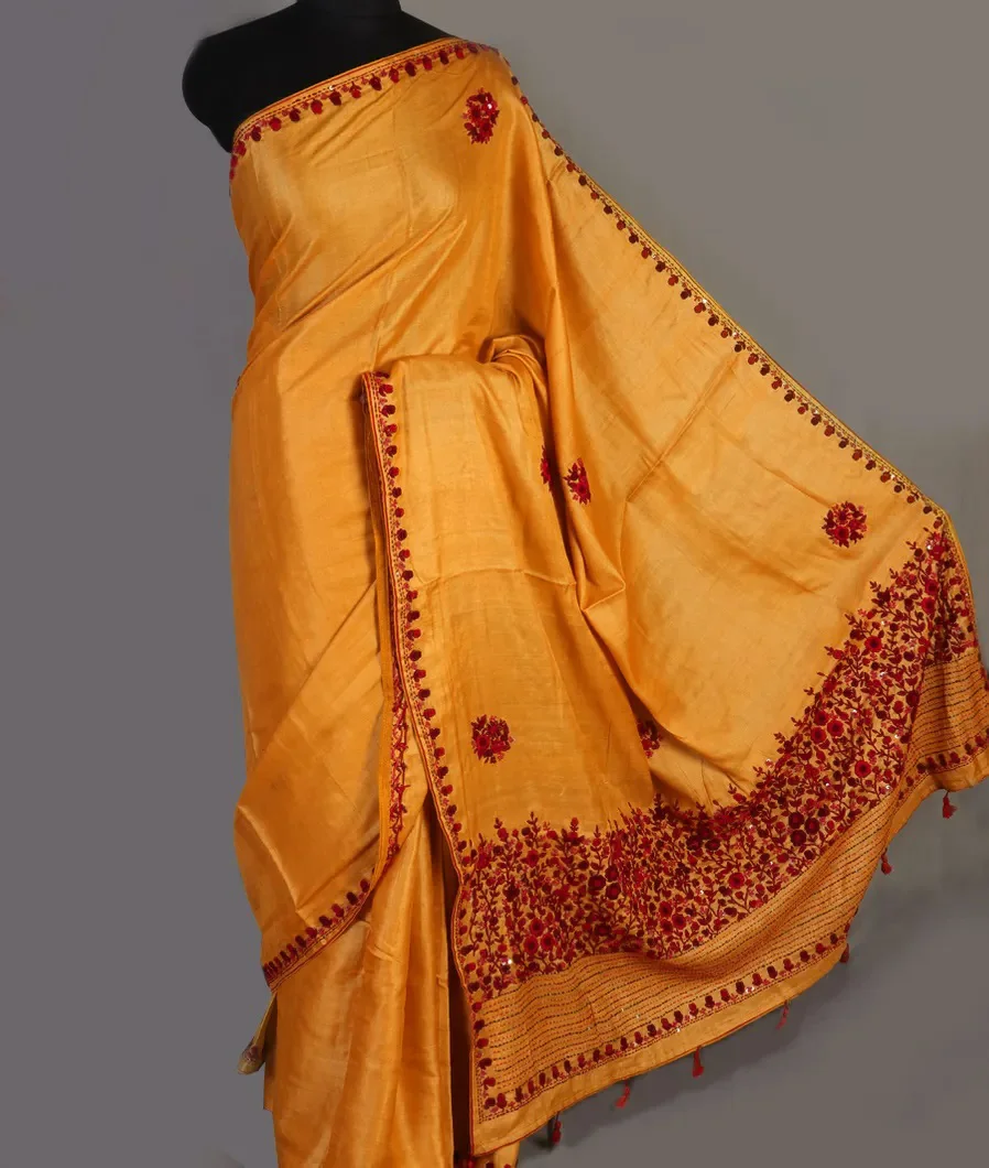 Yellow Tussar Embroidery Saree T4582352
