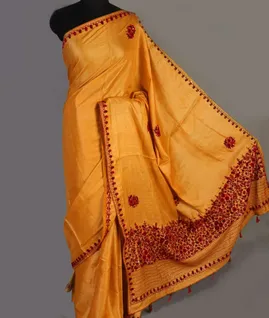 Yellow Tussar Embroidery Saree T4582352