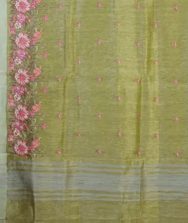 Green Linen Embroidery Saree T4688074