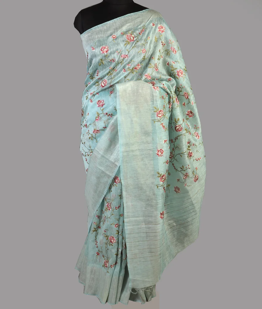 Blue Linen Embroidery Saree T4688322
