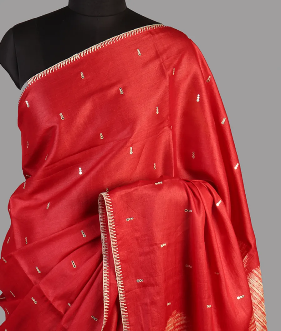 Red Tussar Embroidery Saree T473458-image