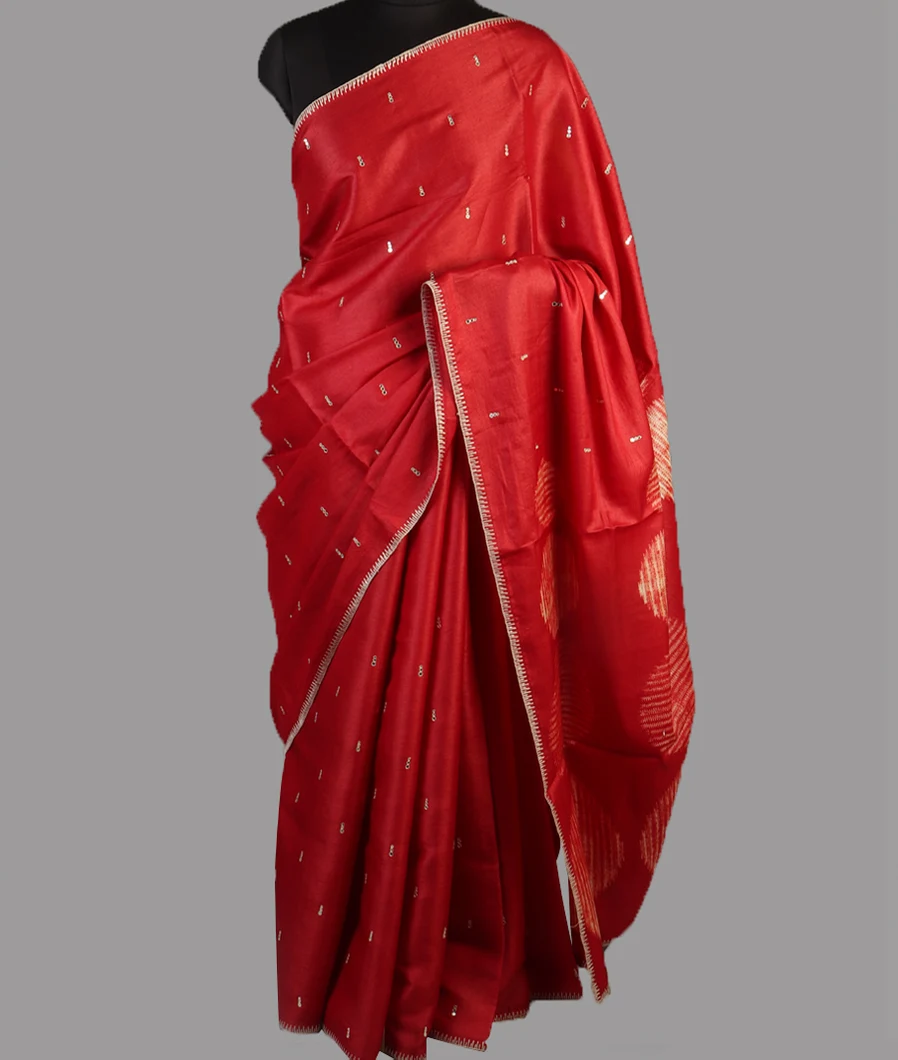 Red Tussar Embroidery Saree T4734582