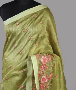 Green Linen Embroidery Saree T4688071