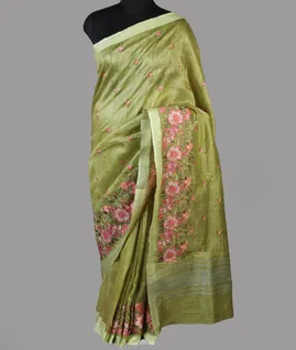 Green Linen Embroidery Saree T4688072