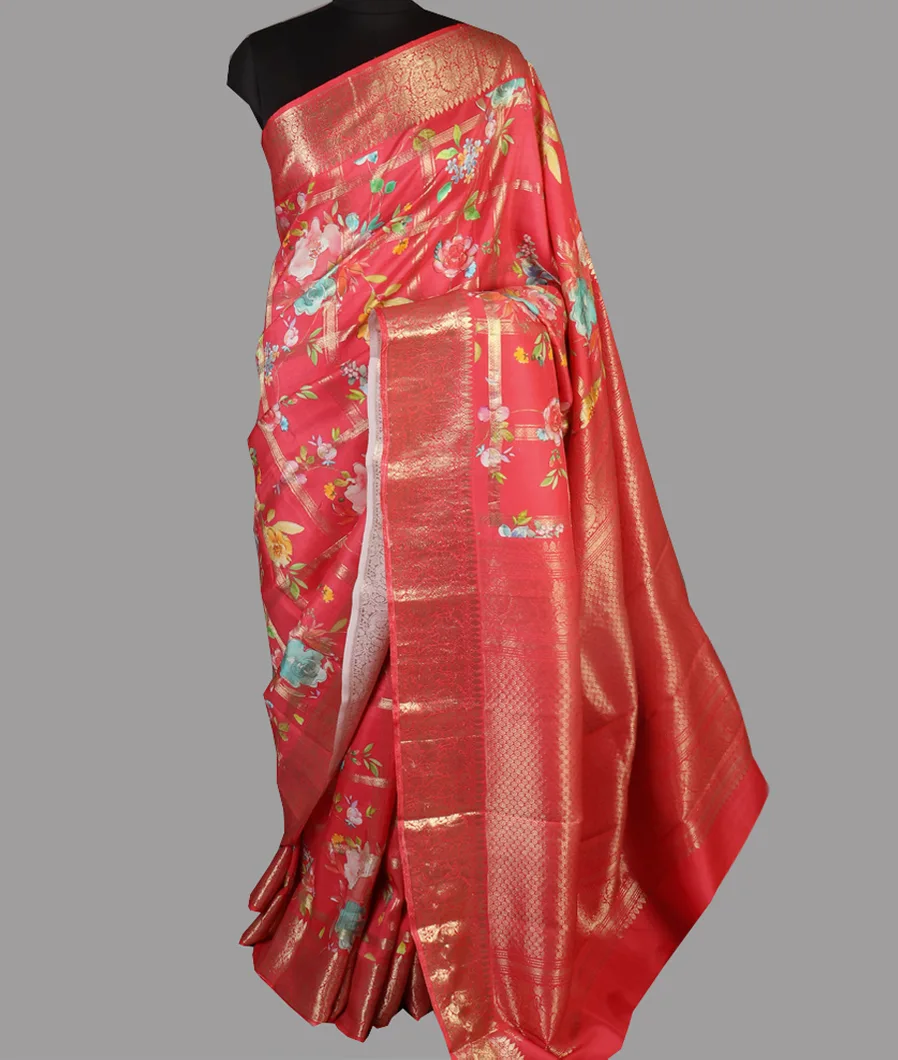 Dark Peach Printed Kanjivaram Silk Saree T4323942