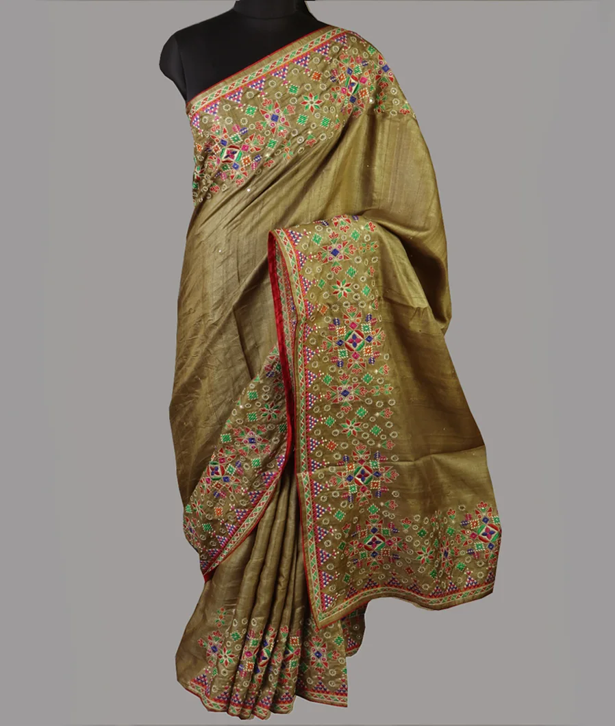 Green Tussar Embroidery Saree T4738492