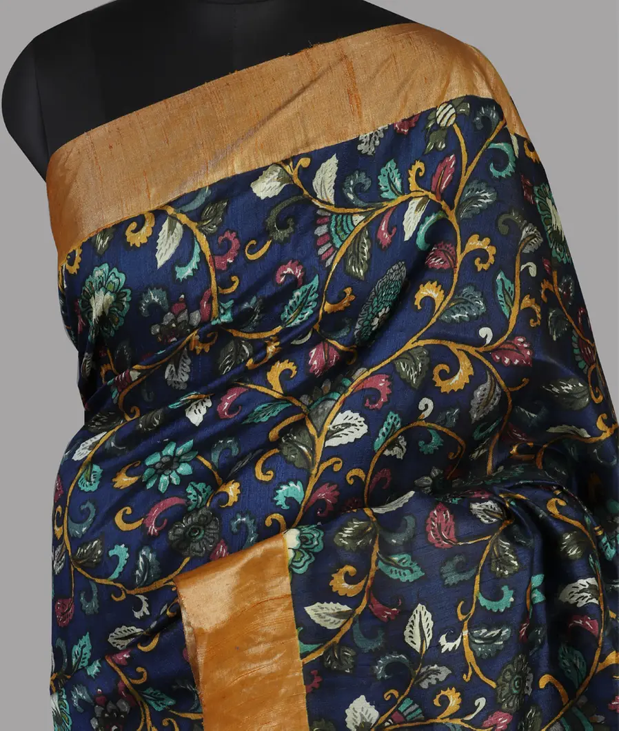 Blue Printed Raw Silk Saree T472407-image