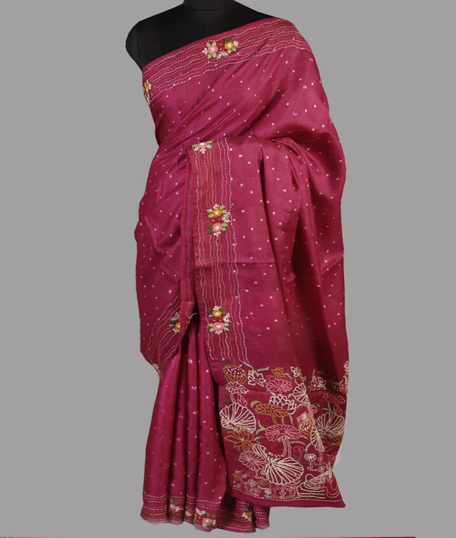Magenta Tussar Kantha Work Saree T4705092