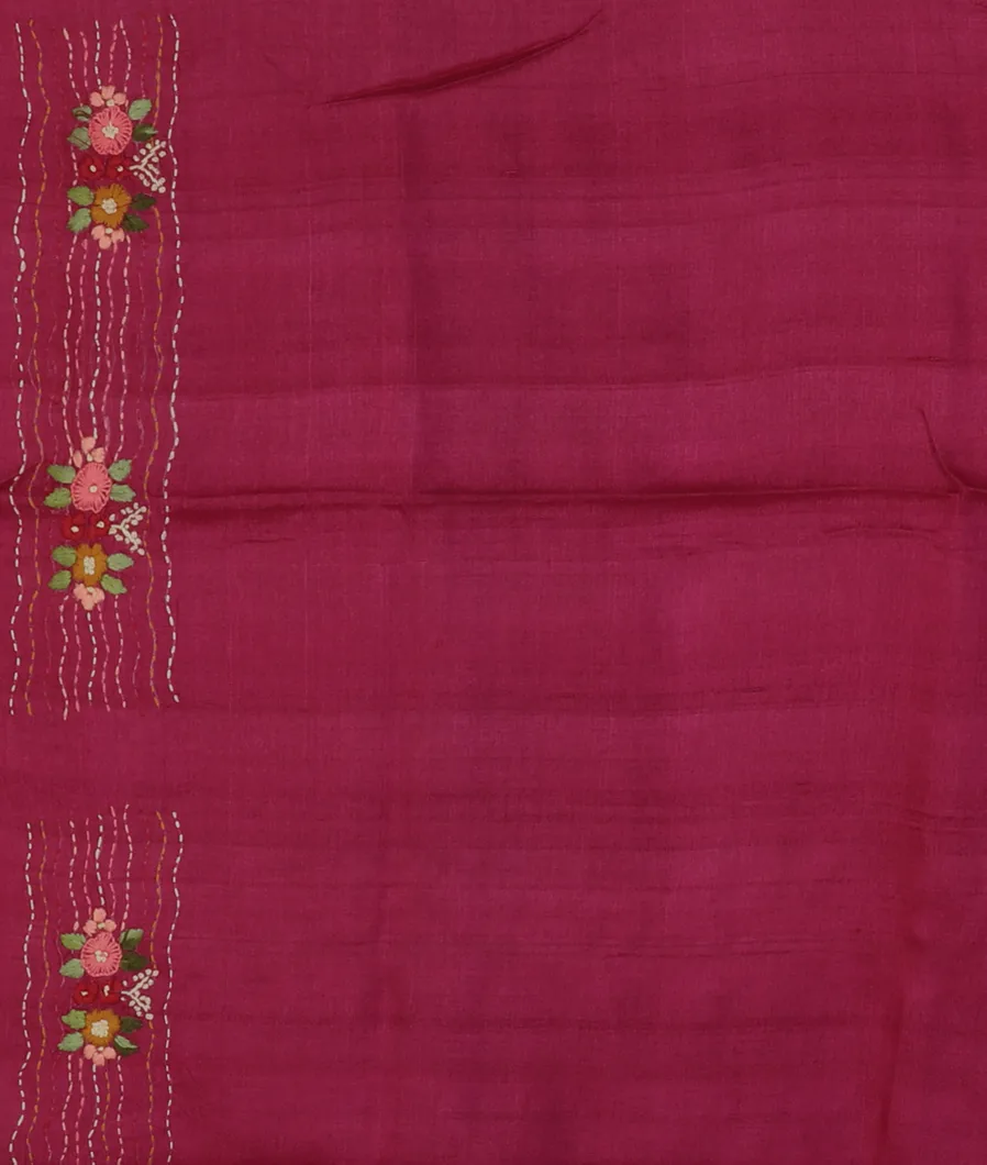 Magenta Tussar Kantha Work Saree T4705093