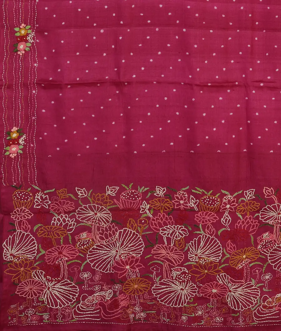 Magenta Tussar Kantha Work Saree T4705094