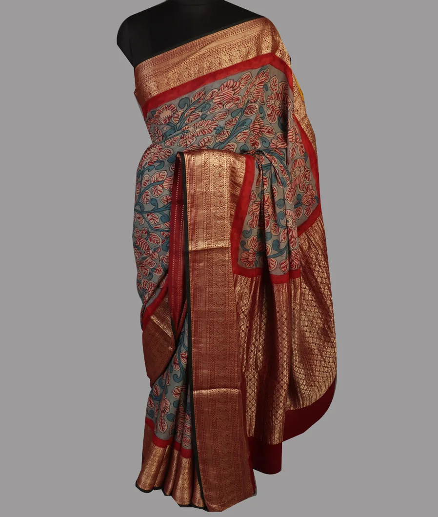 Grey Mysore Crepe Kalamkari Handpainted Saree T4715362