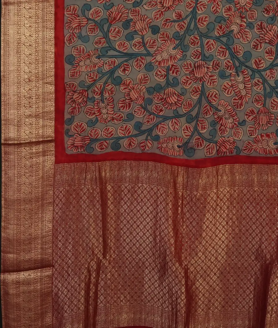 Grey Mysore Crepe Kalamkari Handpainted Saree T4715364