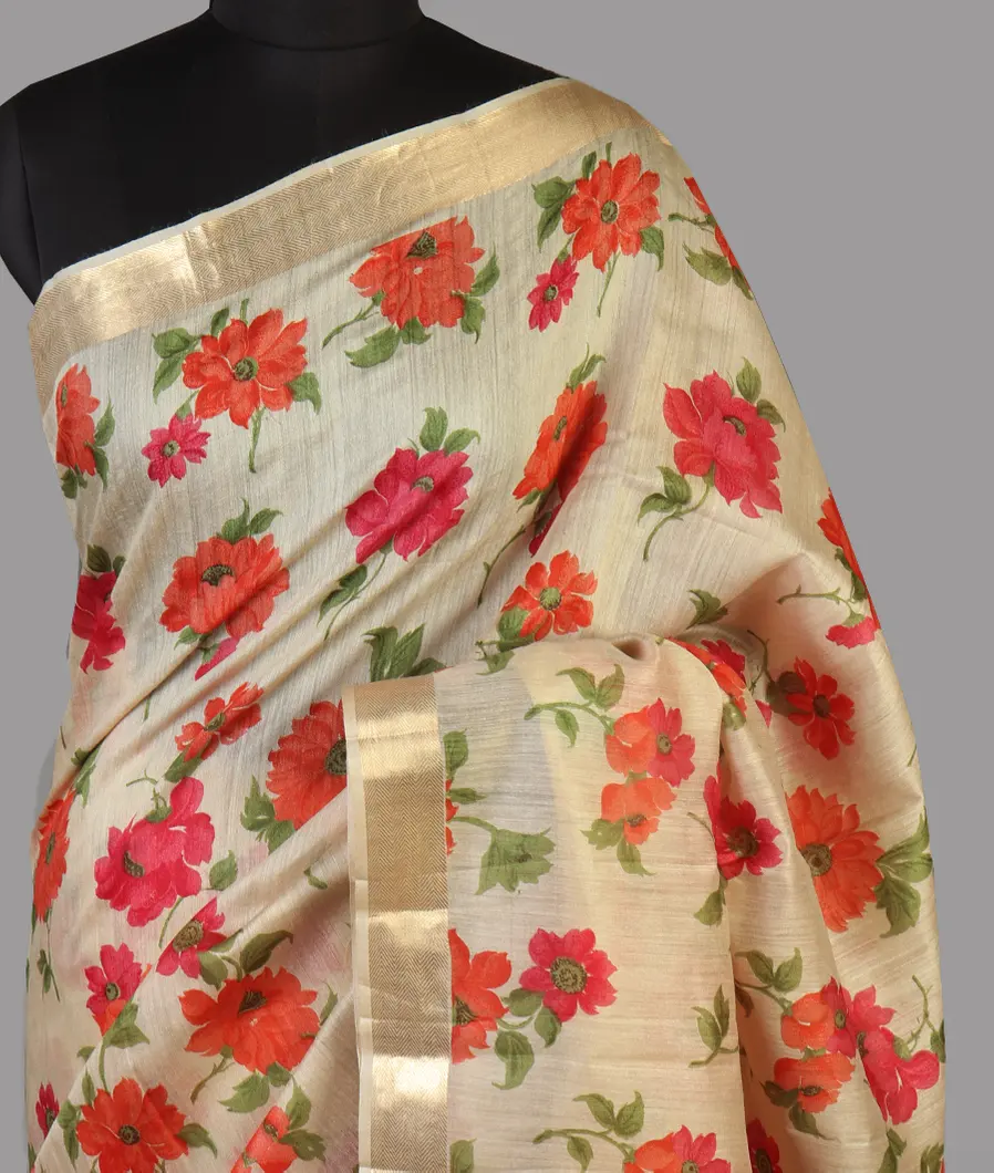 Cream Tussar Printed Saree T473975-image