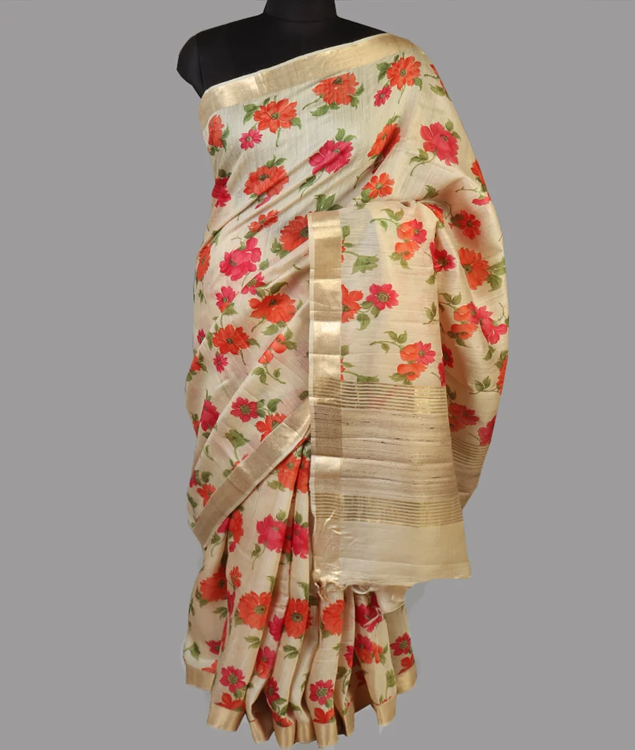 Cream Tussar Printed Saree T4739752