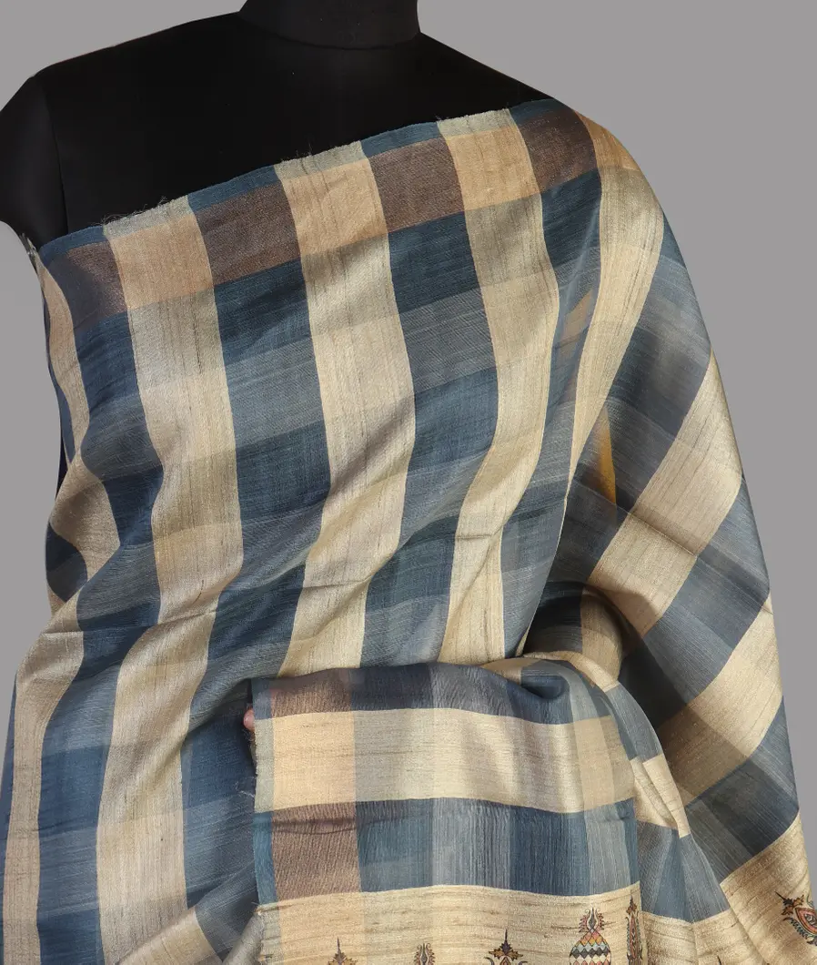 Blue and Beige Tussar Printed Saree T467510-image