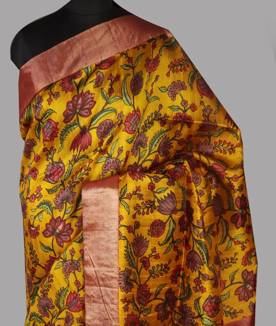 Yellow Printed Raw Silk Saree T472398-image