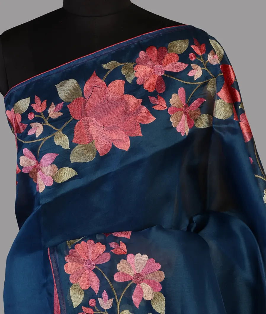 Blue Kora Organza Embroidery Saree T467791-image