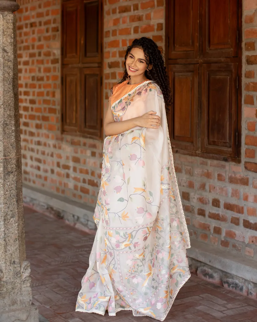 White Kora Organza Embroidery Saree T4630362