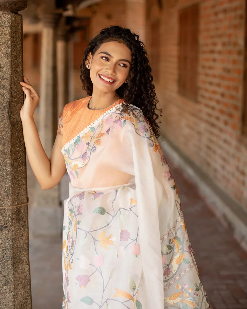 White Kora Organza Embroidery Saree T4630363