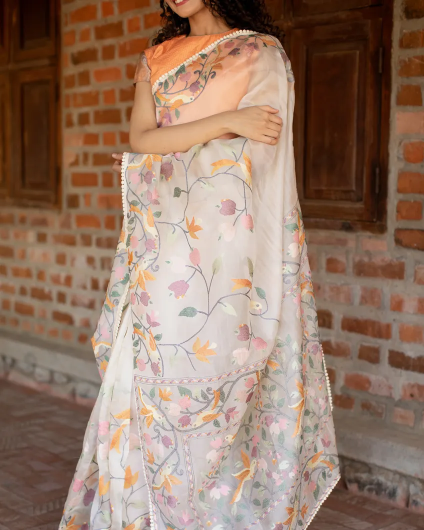 White Kora Organza Embroidery Saree T4630364