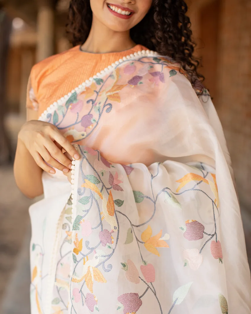 White Kora Organza Embroidery Saree T4630367