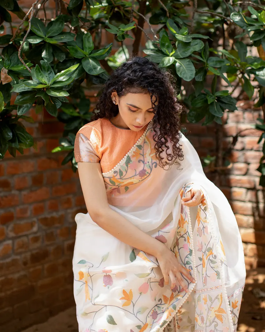 White Kora Organza Embroidery Saree T4630368