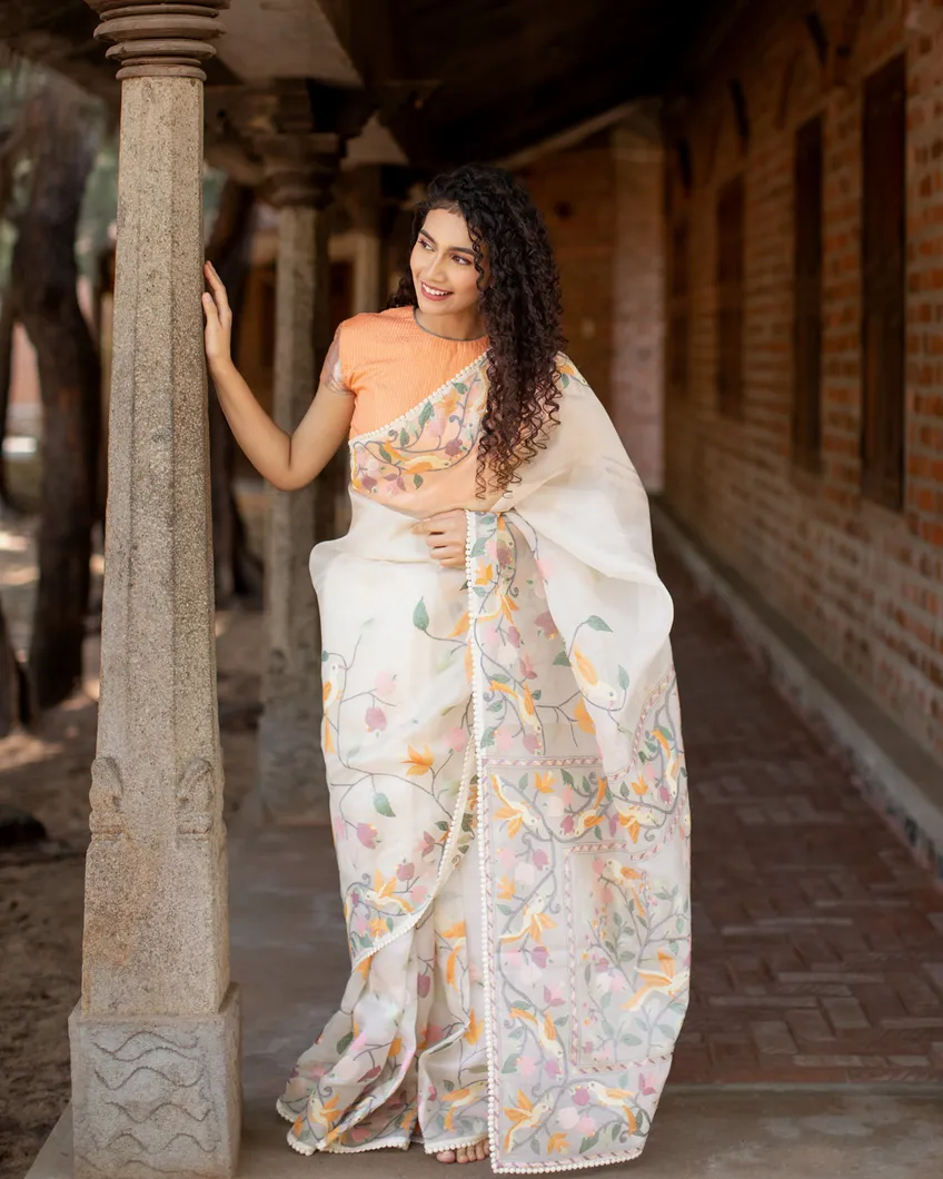 White Kora Organza Embroidery Saree T4630369