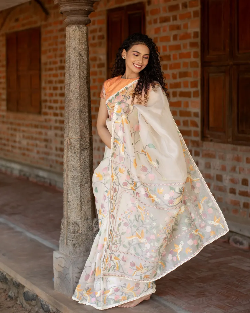 White Kora Organza Embroidery Saree T46303610