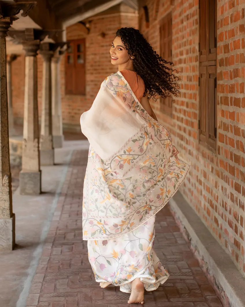 White Kora Organza Embroidery Saree T46303611