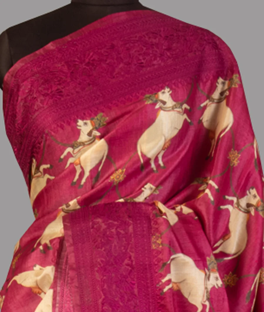 Reddish Pink Tussar Printed Saree T380693-image
