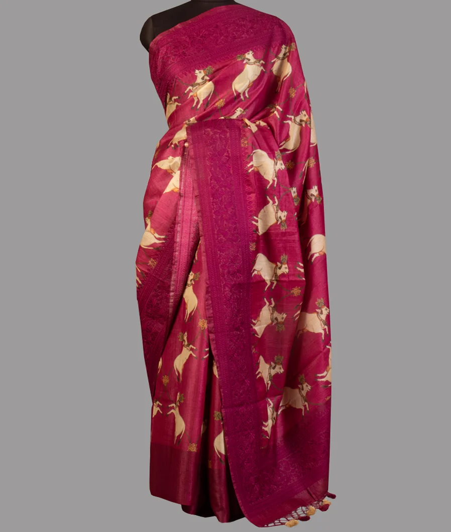 Reddish Pink Tussar Printed Saree T3806935