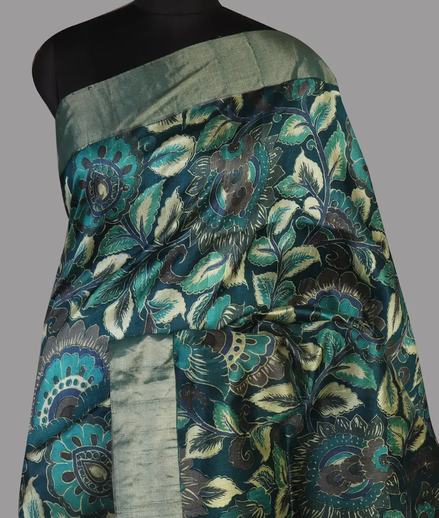 Blue Printed Raw Silk Saree T472410-image