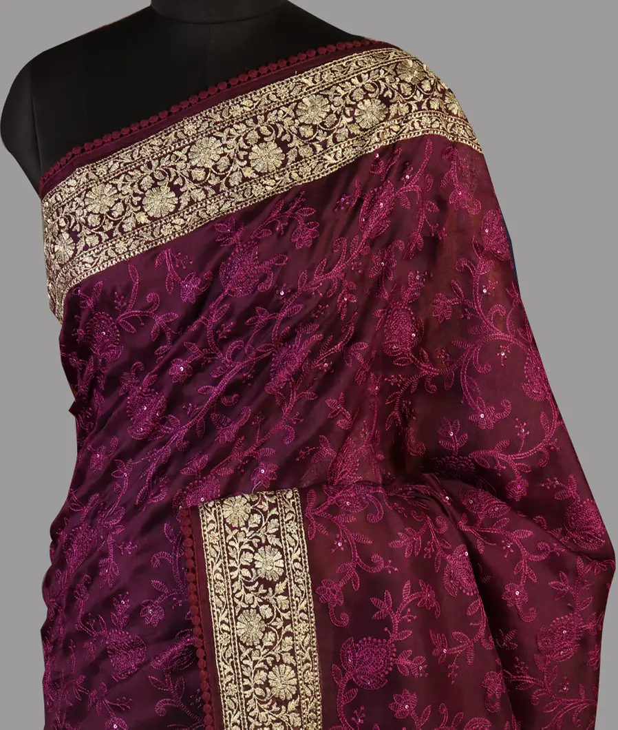 Burgundy Kora Organza Embroidery Saree T432810-image