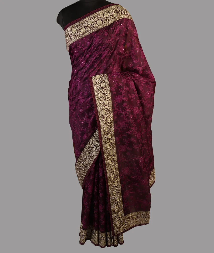 Burgundy Kora Organza Embroidery Saree T4328102