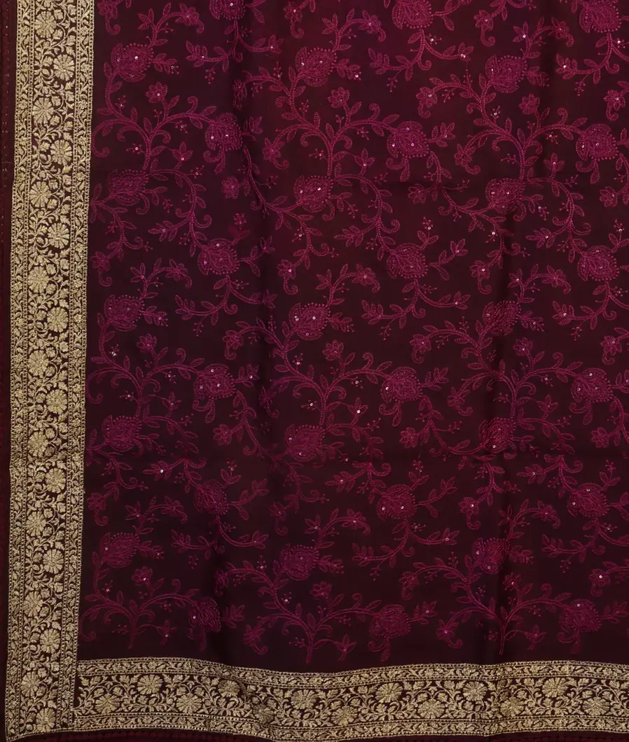 Burgundy Kora Organza Embroidery Saree T4328104