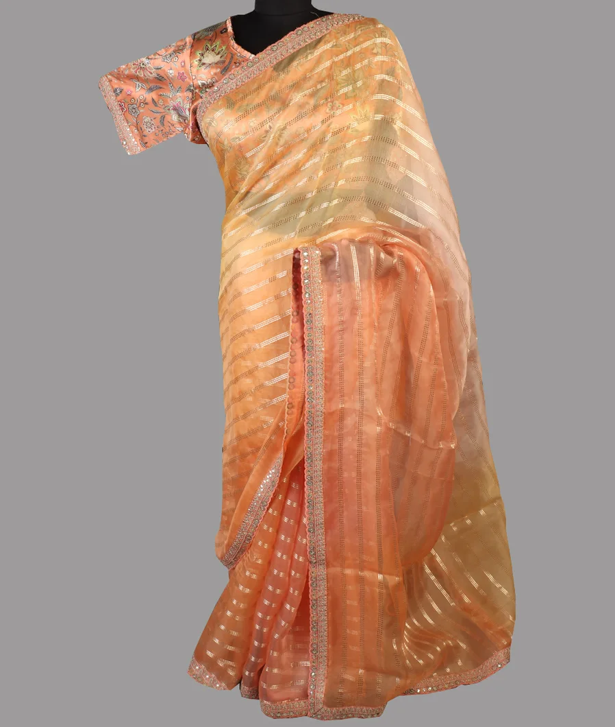 Peach Kora Organza Embroidery Saree T4739552