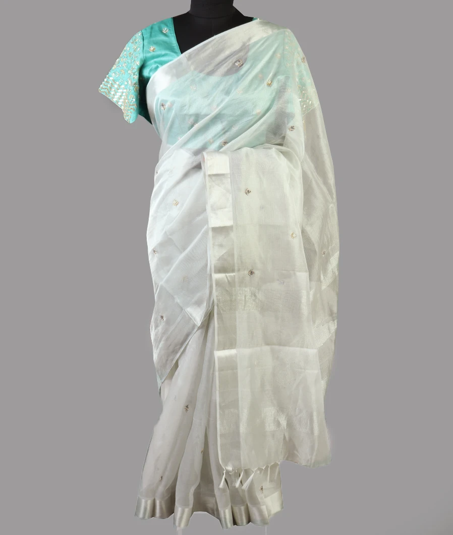 Silver Tissue Kota Embroidery Saree T4654822