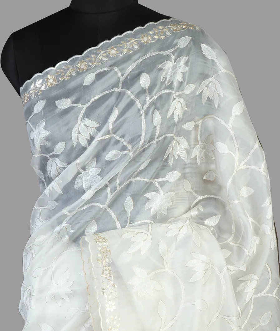 White Kora Organza Embroidery Saree T465467-image