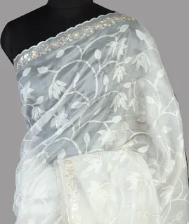 White Kora Organza Embroidery Saree T4654671